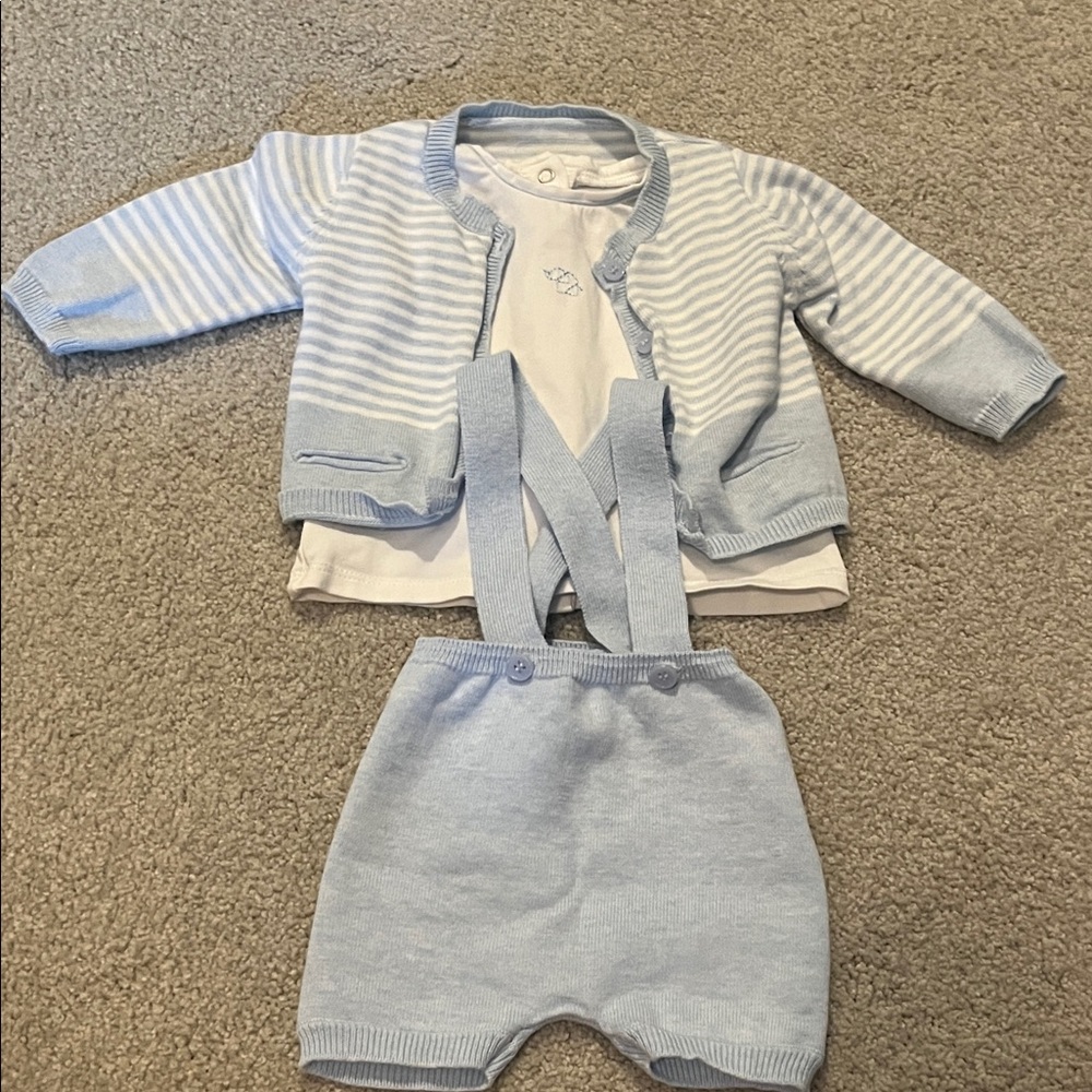 Mayoral 1-2 Month stripe Light baby Blue Knit Baby 3 piece set cardigan overalls